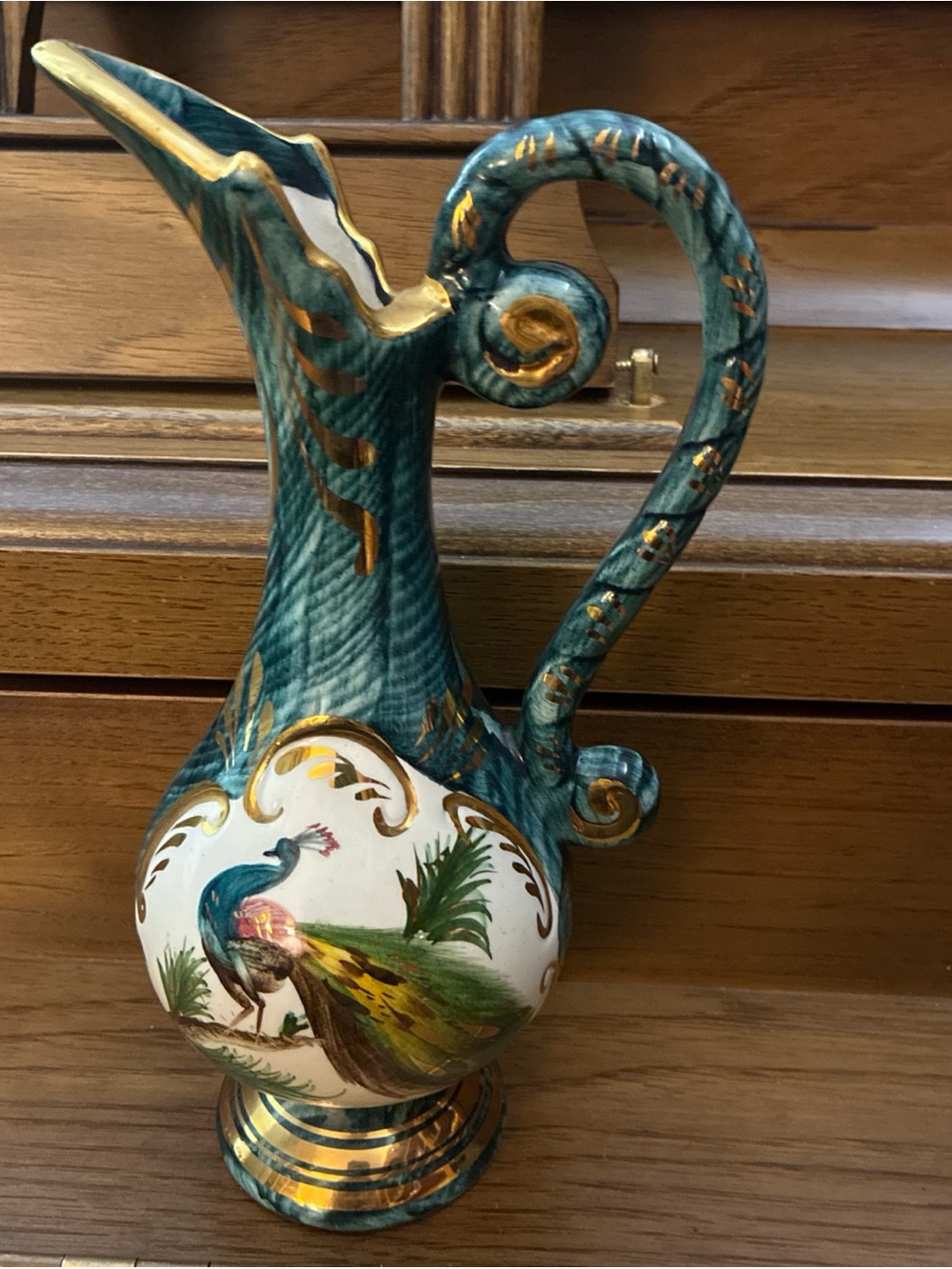 Vintage H Bequet Quaregnon Belgium Peacock Ewer Pitcher Gold Trim Vase 277
